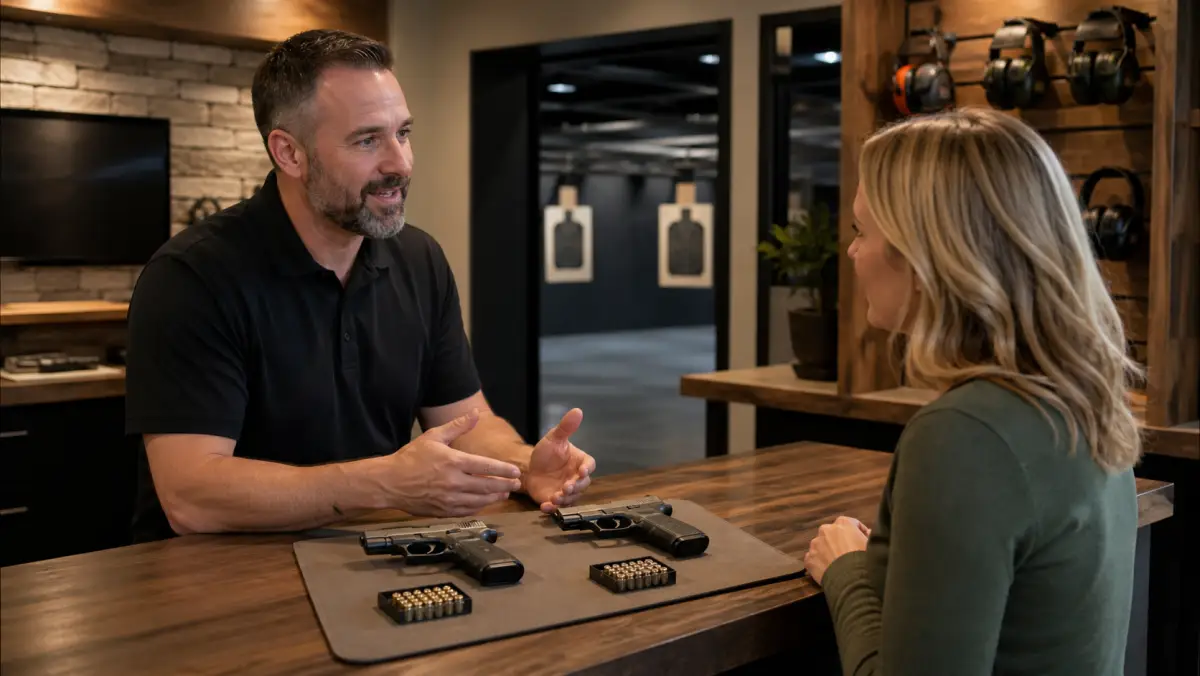 Range staff helping a Michigan beginner compare 9mm vs .380 handguns and ammunition at the retail counter