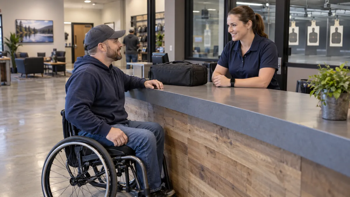 Wheelchair user discussing a planned visit with staff at a spacious indoor range reception counter