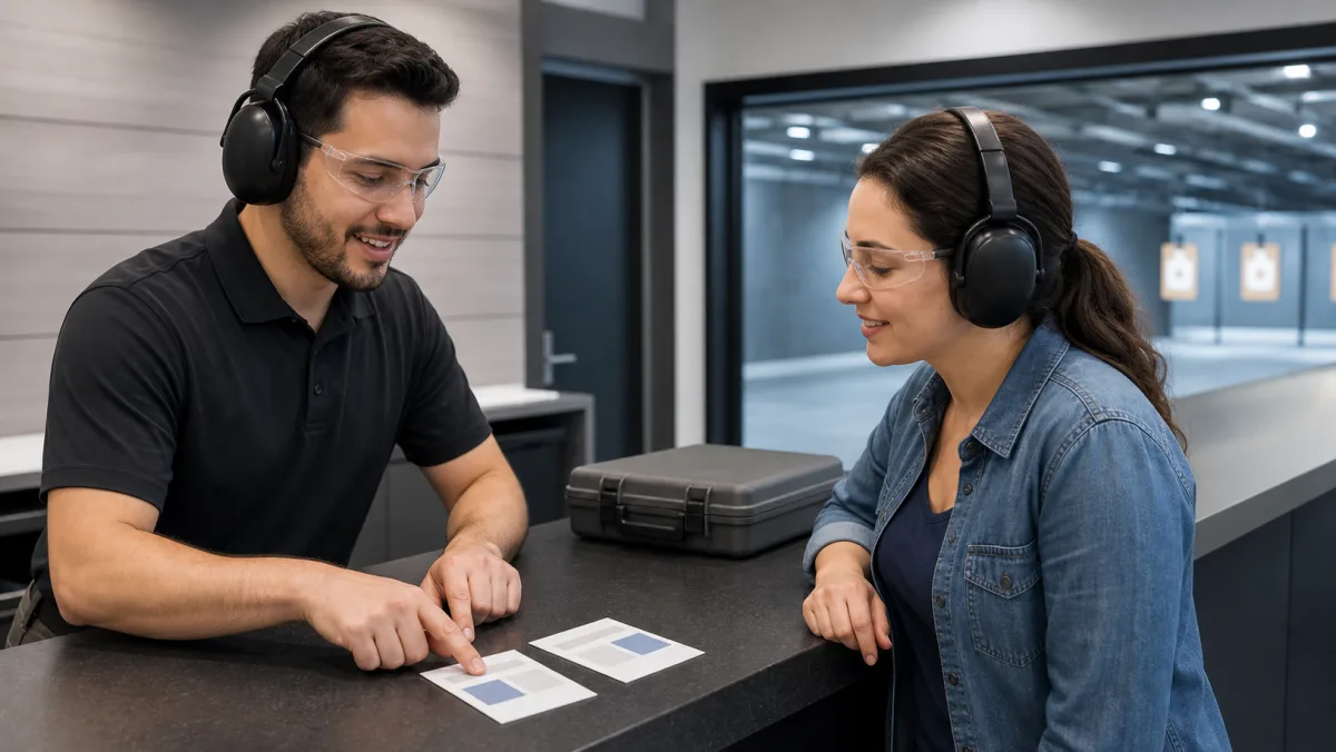 Indoor range staff helping a beginner compare safe firearm rental options