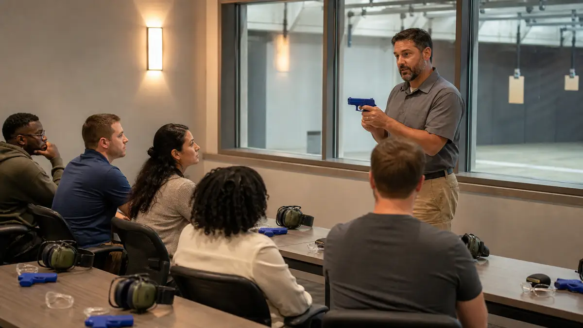 Instructor using an inert blue training replica in a beginner firearms safety class in Metro Detroit