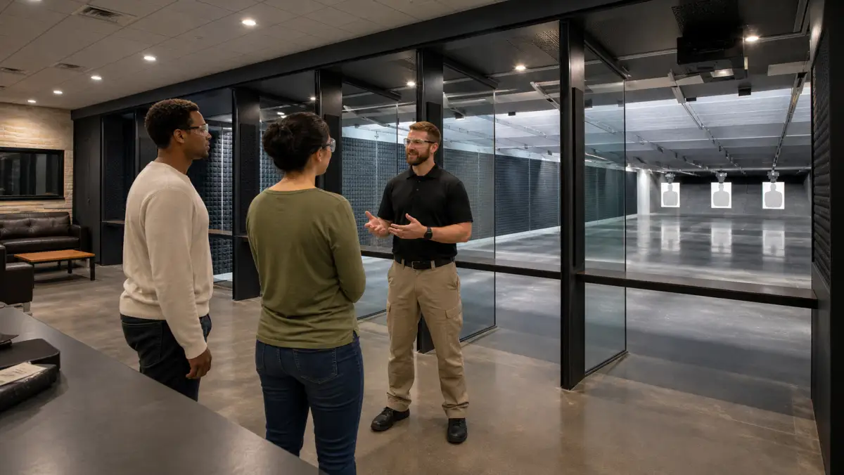 Staff member orienting visitors beside modern lanes at an indoor shooting range near Detroit