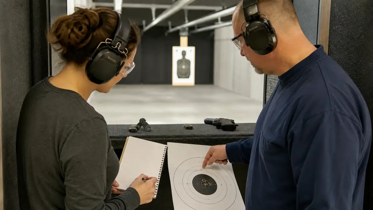 Michigan instructor and student reviewing a practice notebook and target to build good shooting habits