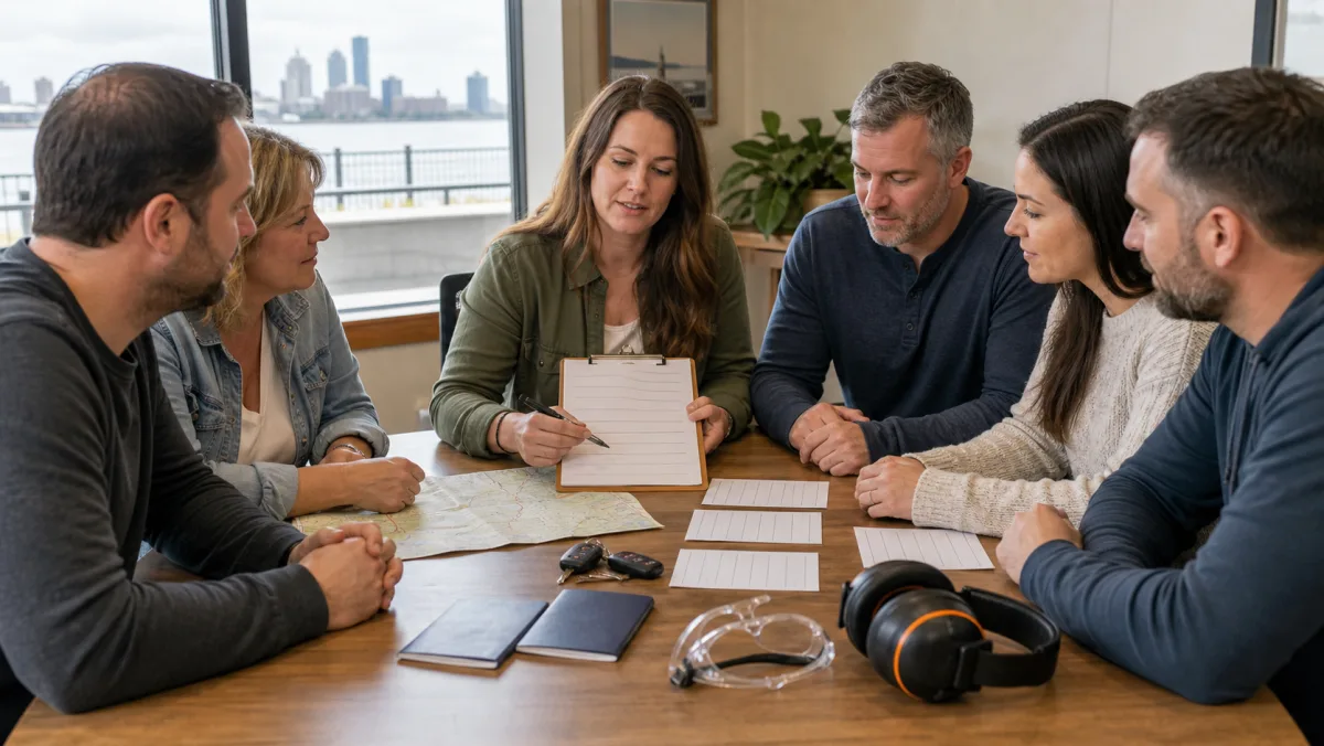 Canadian group organizer reviewing documents and assignments for a Michigan range trip