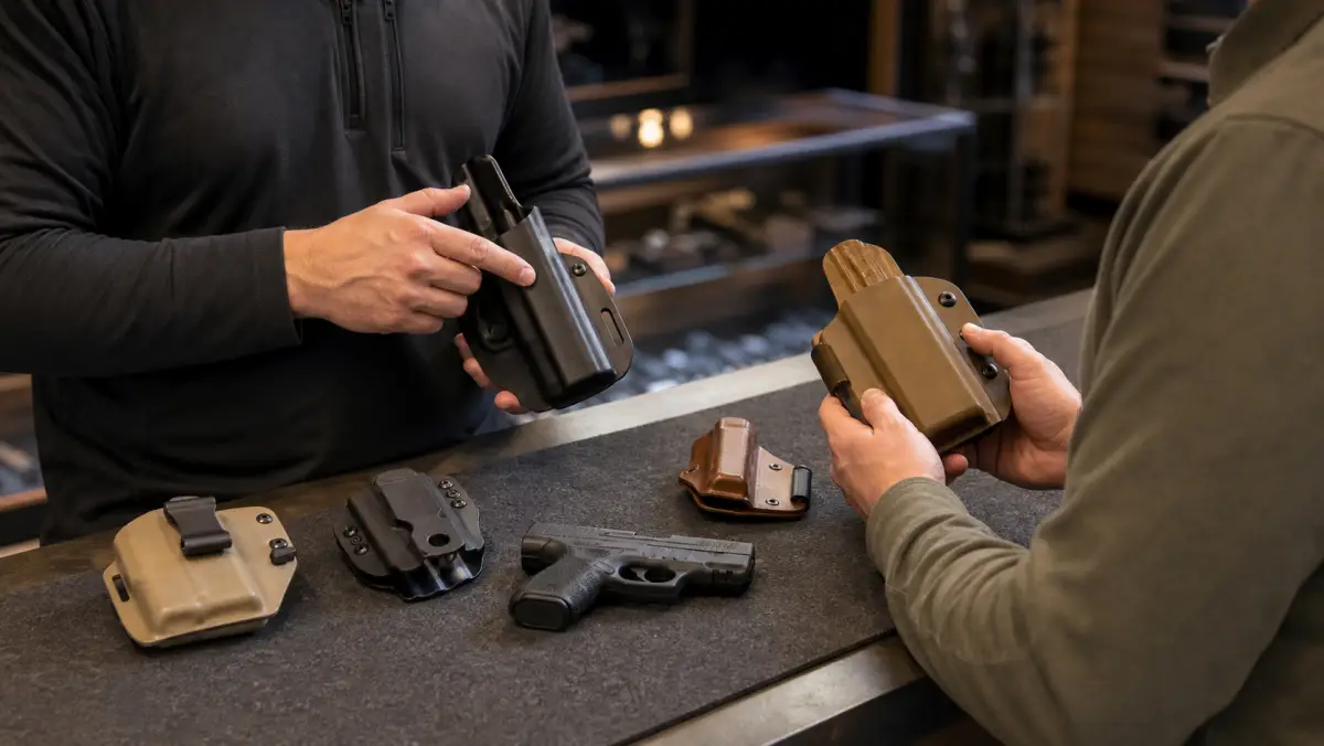 Customer comparing holster shapes with range staff while choosing a properly fitting holster