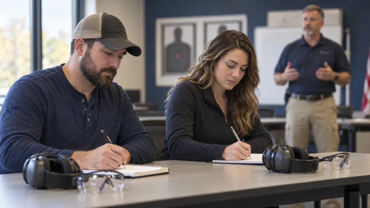 Two adult partners taking individual notes during a firearm safety class