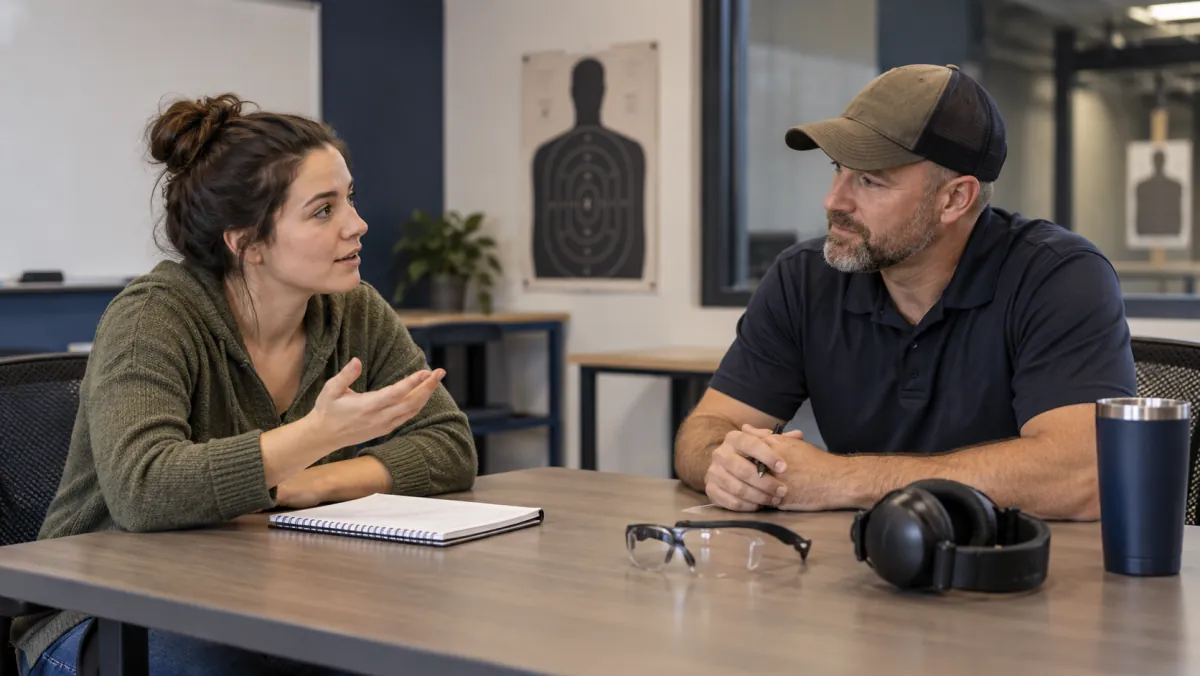 Instructor listening to a beginner's questions in a firearm safety classroom, with hearing and eye protection on the table