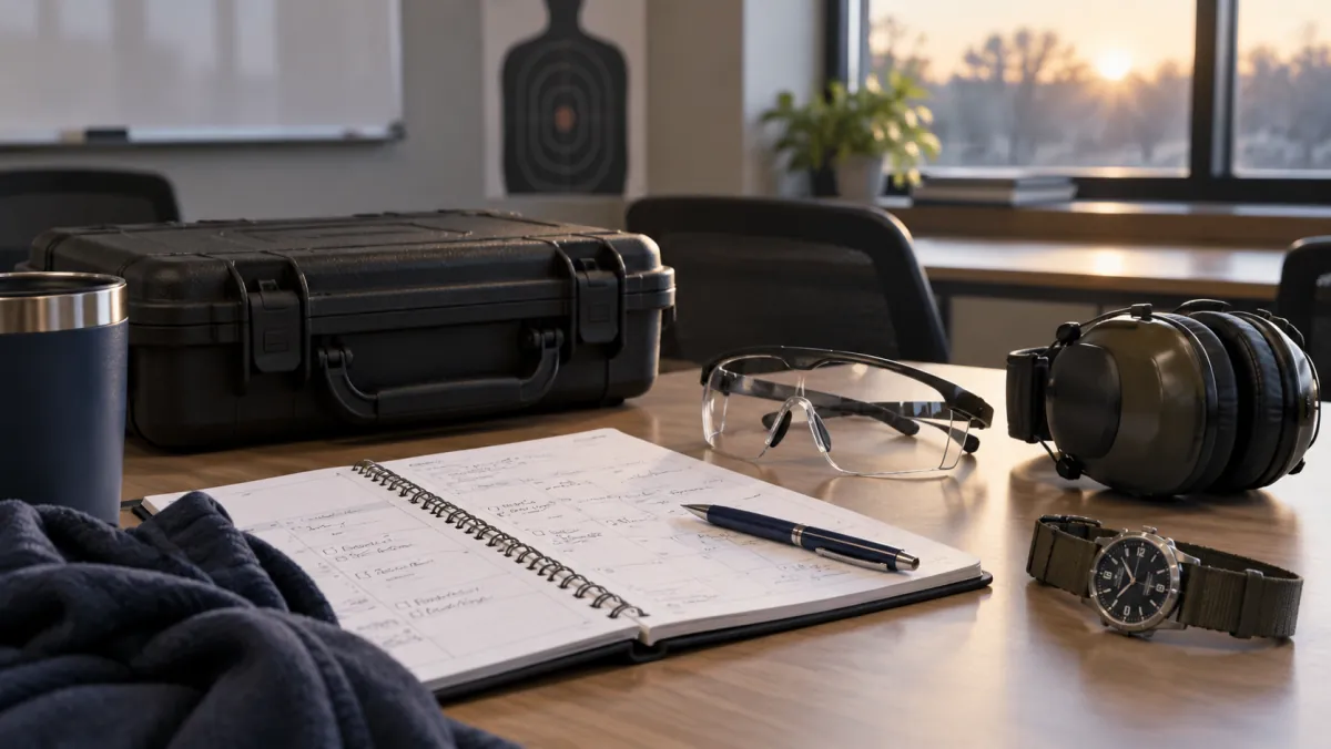 Weekly planner, wristwatch, closed equipment case, and protective gear prepared for a Michigan CPL class