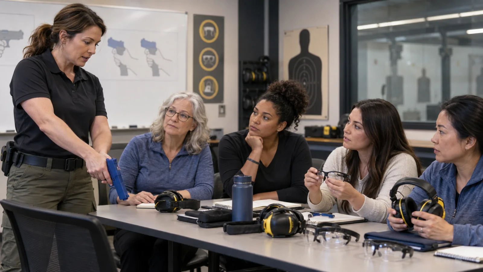 Female instructor teaching pistol safety concepts to a diverse group of adult women in a Michigan range classroom