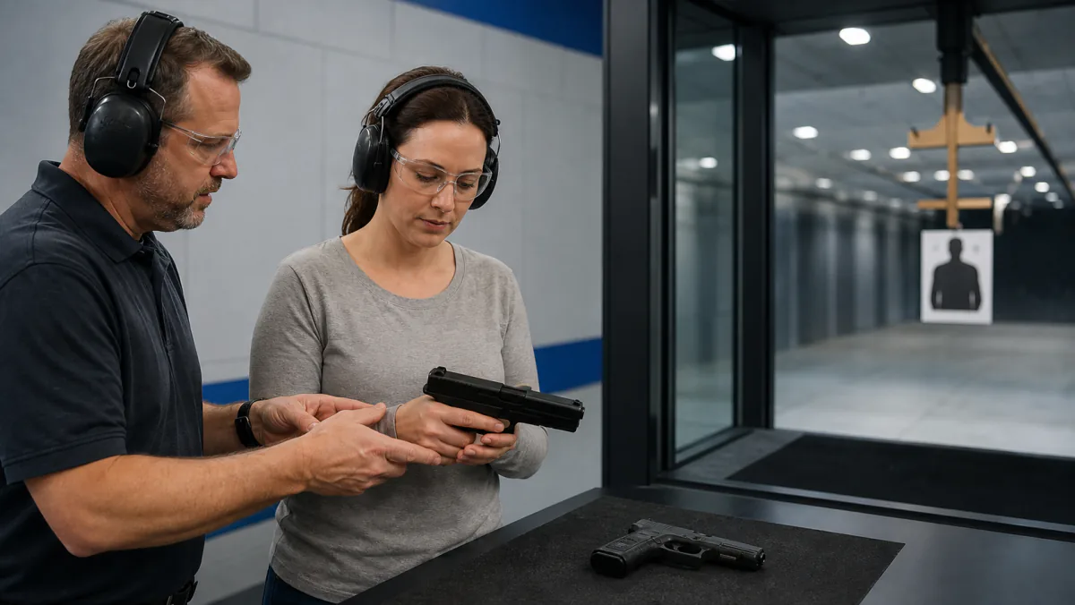 Adult student receiving supervised pistol safety instruction during a CPL class in Lincoln Park, Michigan