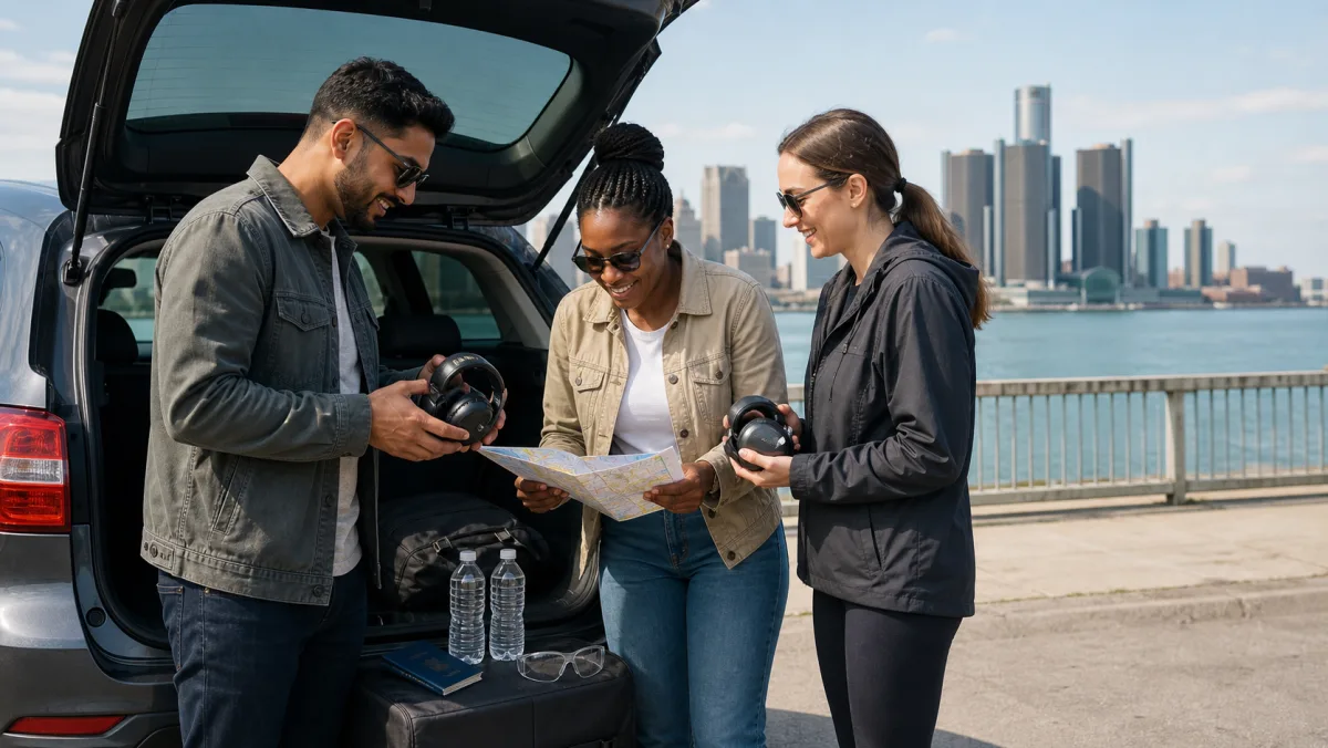 Friends planning a responsible Detroit day trip from Windsor with an indoor range stop