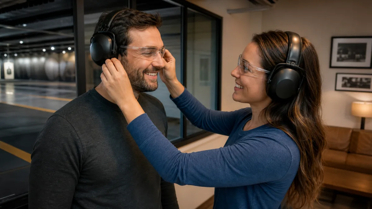 Couple preparing eye and hearing protection for a Detroit-area shooting range date