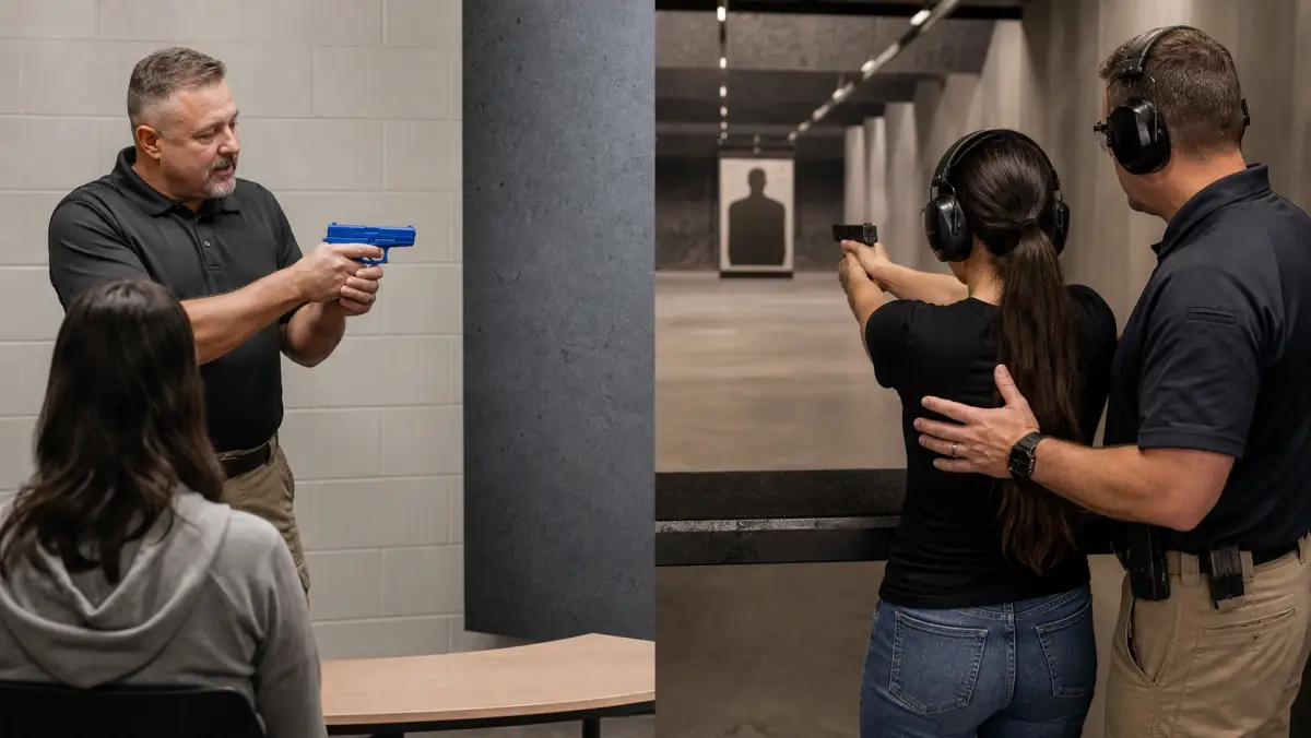 Michigan instructor comparing dry practice with an inert training replica and supervised live-fire practice