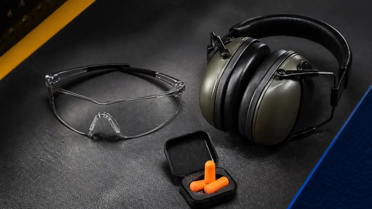 Eye and ear protection for a Michigan shooting range arranged on a bench