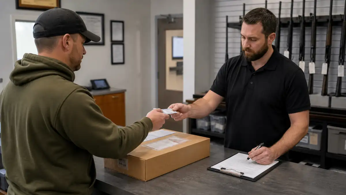 FFL transfer Michigan customer presenting identification at a dealer counter
