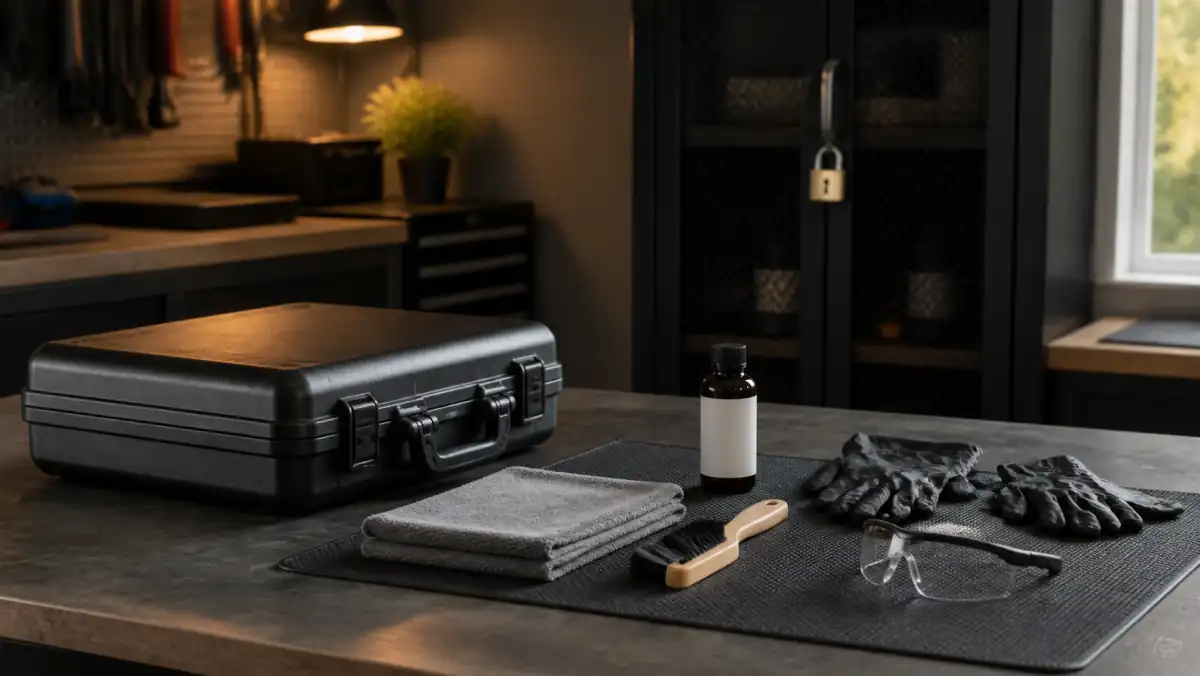 Firearm cleaning Michigan workspace with protective gear and secure storage