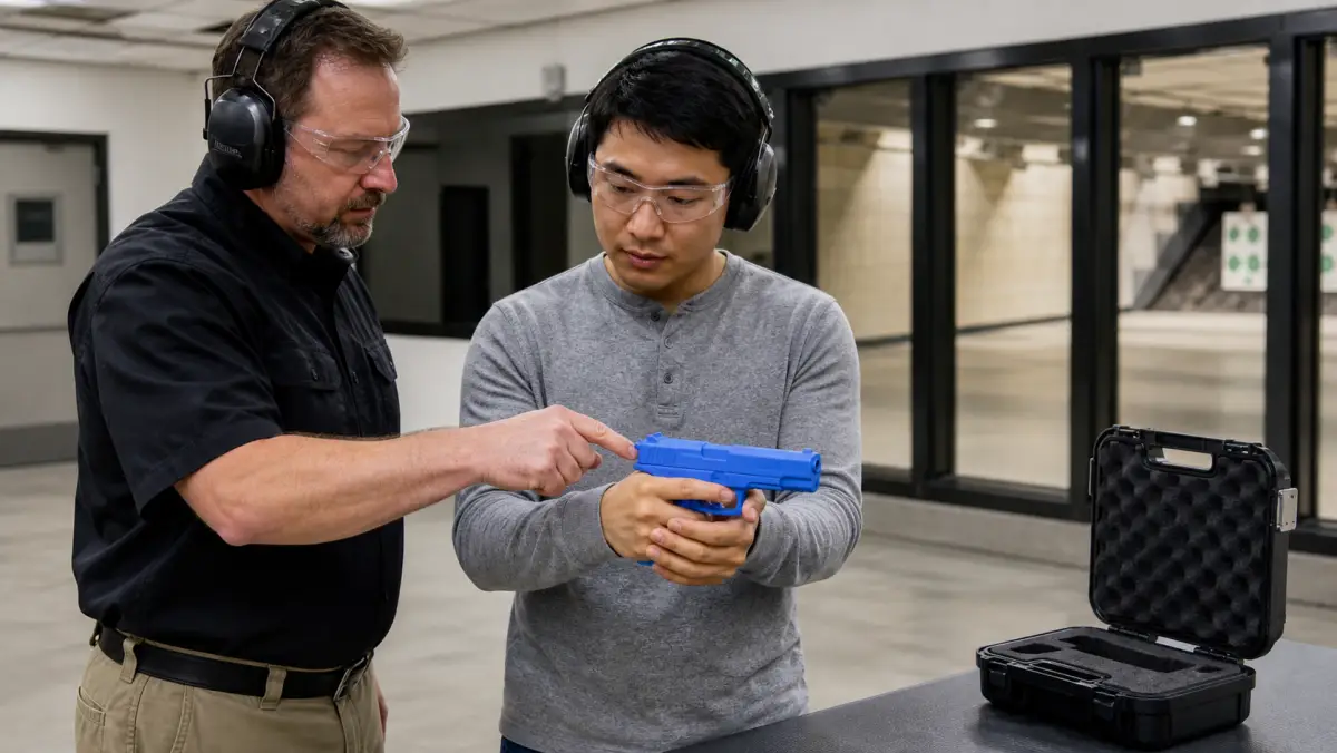 Range instructor teaching firearm safety basics with an inert blue training replica in Michigan