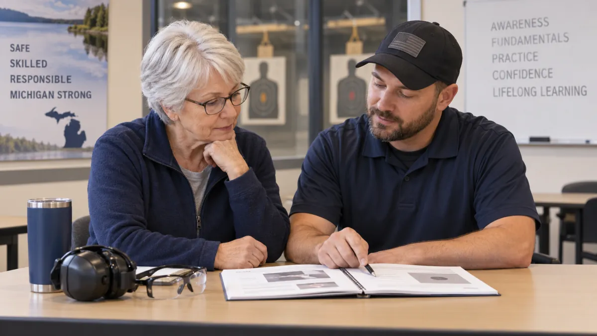 Older adult student and instructor discussing a training notebook with protective glasses and earmuffs nearby