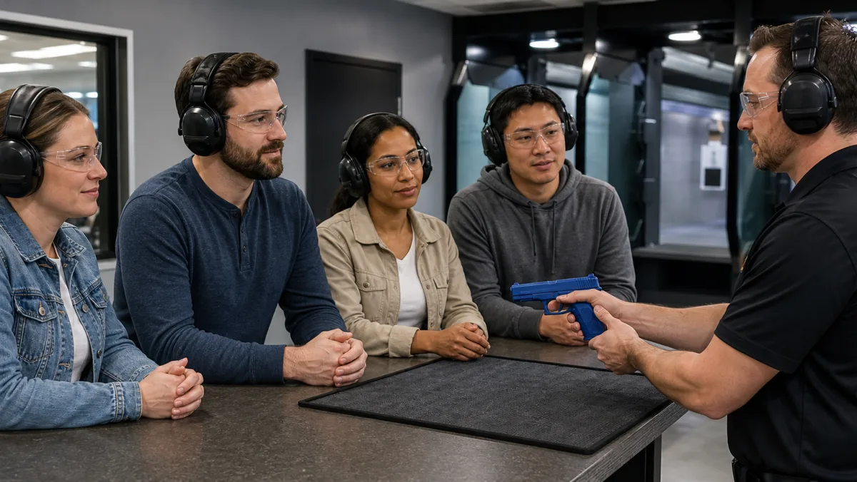 Canadian visitors receiving a safety orientation at a Detroit-area indoor gun range