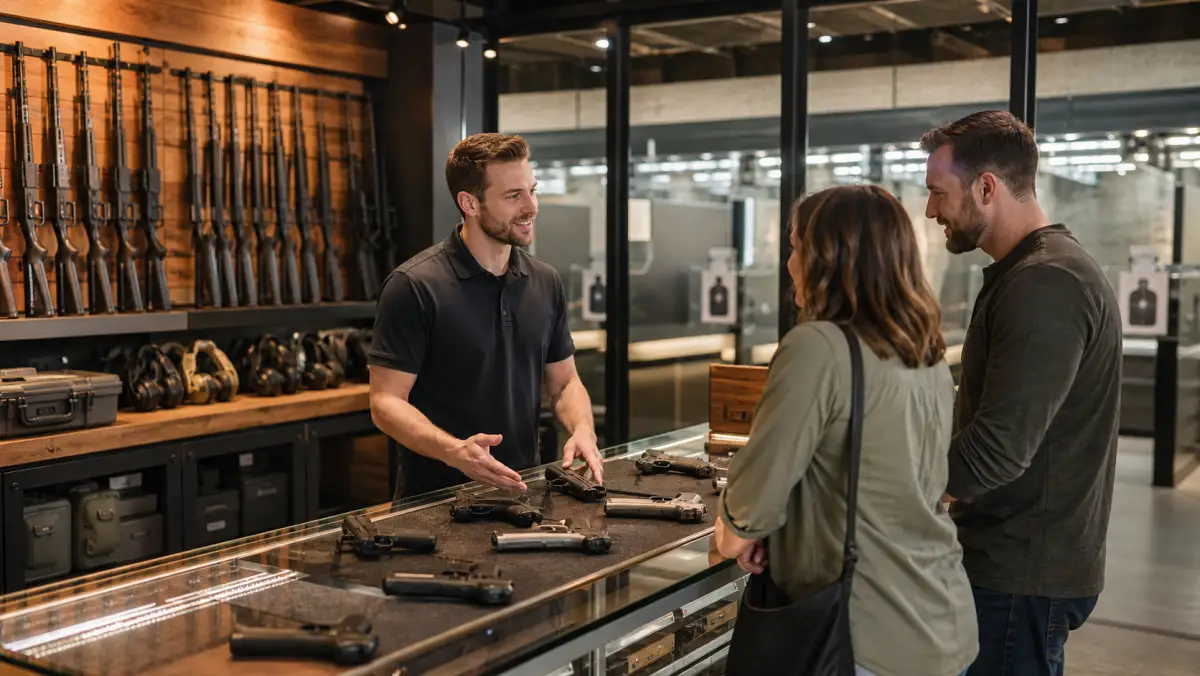 Customers receiving helpful guidance from staff at a modern gun shop near Detroit