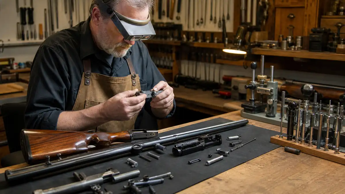 Gunsmithing Michigan professional inspecting equipment at a workshop bench
