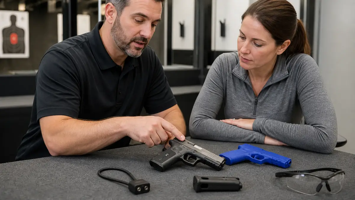Range staff explaining handgun terminology to a new Michigan buyer with an inert training replica