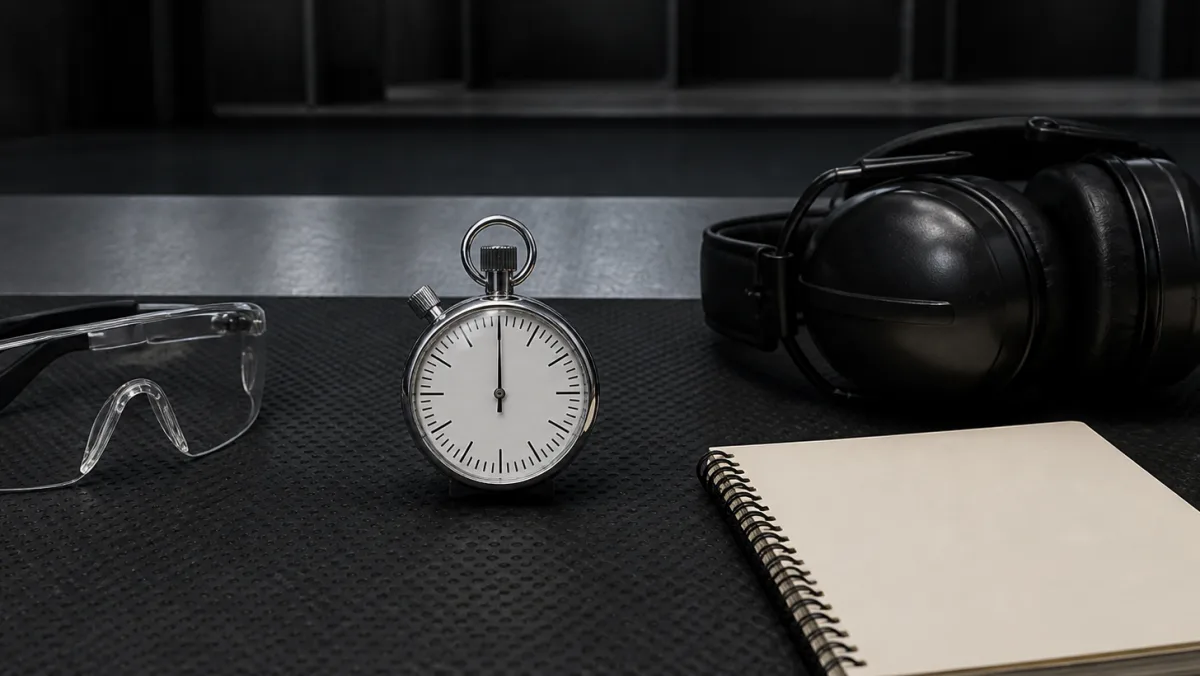 Range timer beside eye and hearing protection for planning an indoor shooting range visit