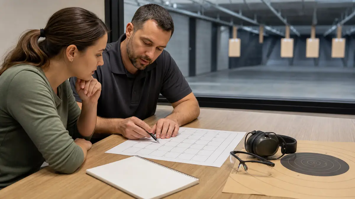 Michigan student and instructor planning how often to practice at the range with a calendar and notebook