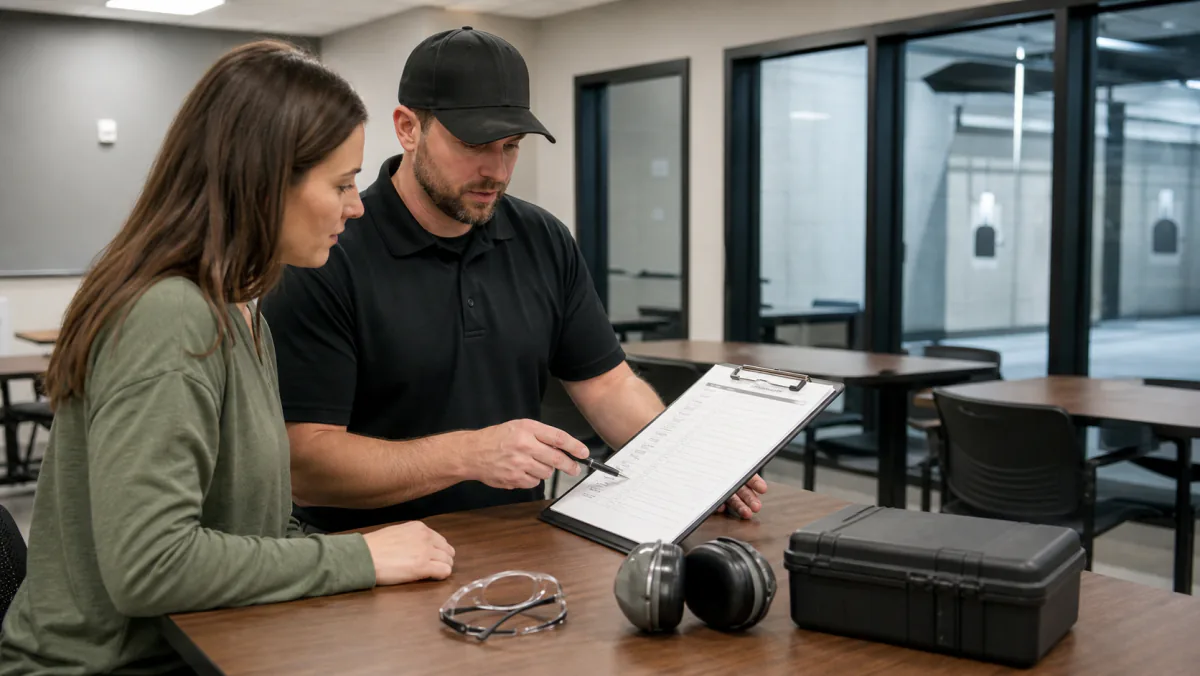 Michigan CPL student reviewing a course checklist with an instructor in a professional range classroom