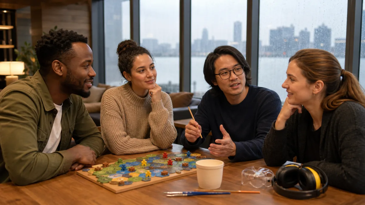 Adults comparing indoor activity ideas for a rainy Windsor and Detroit day trip