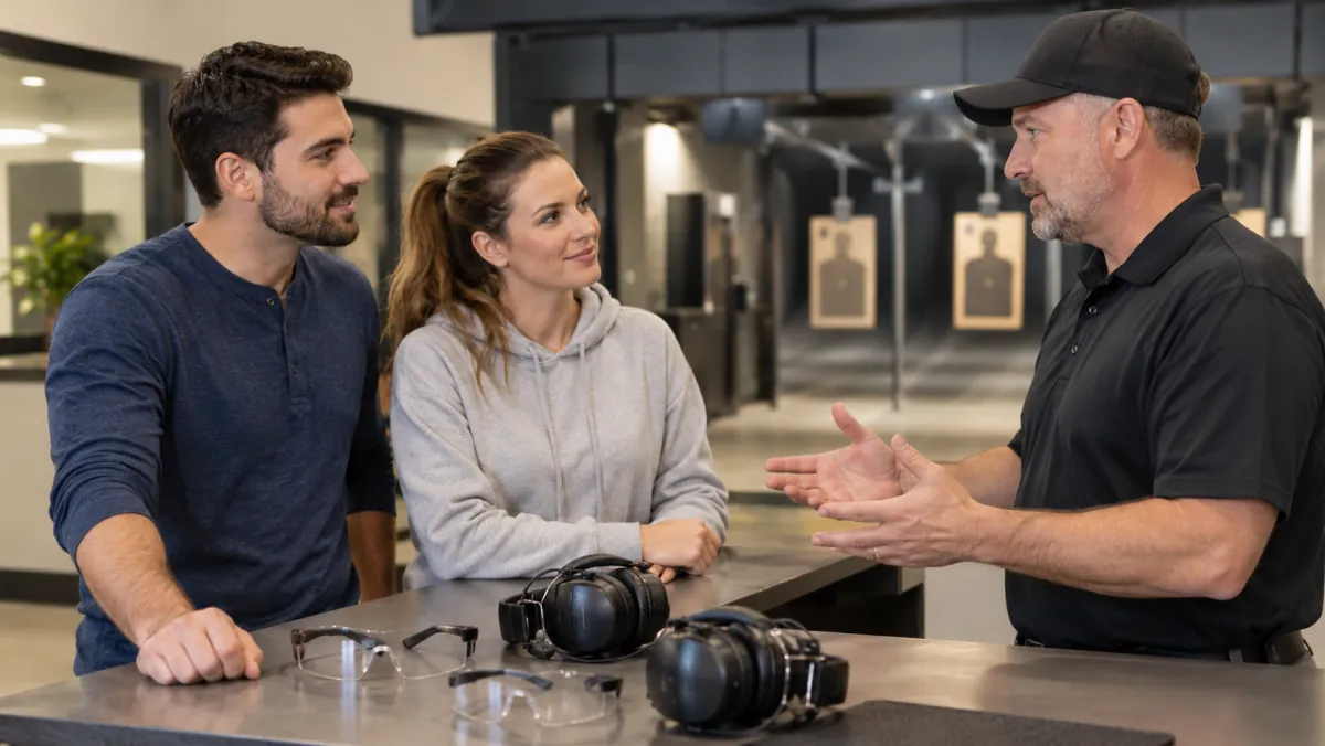 Two adult friends listening to an instructor at a range orientation counter with protective gear ready