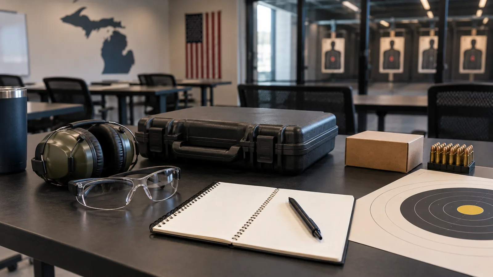 Hearing protection, safety glasses, notebook, target, and closed equipment case prepared for a Michigan CPL class