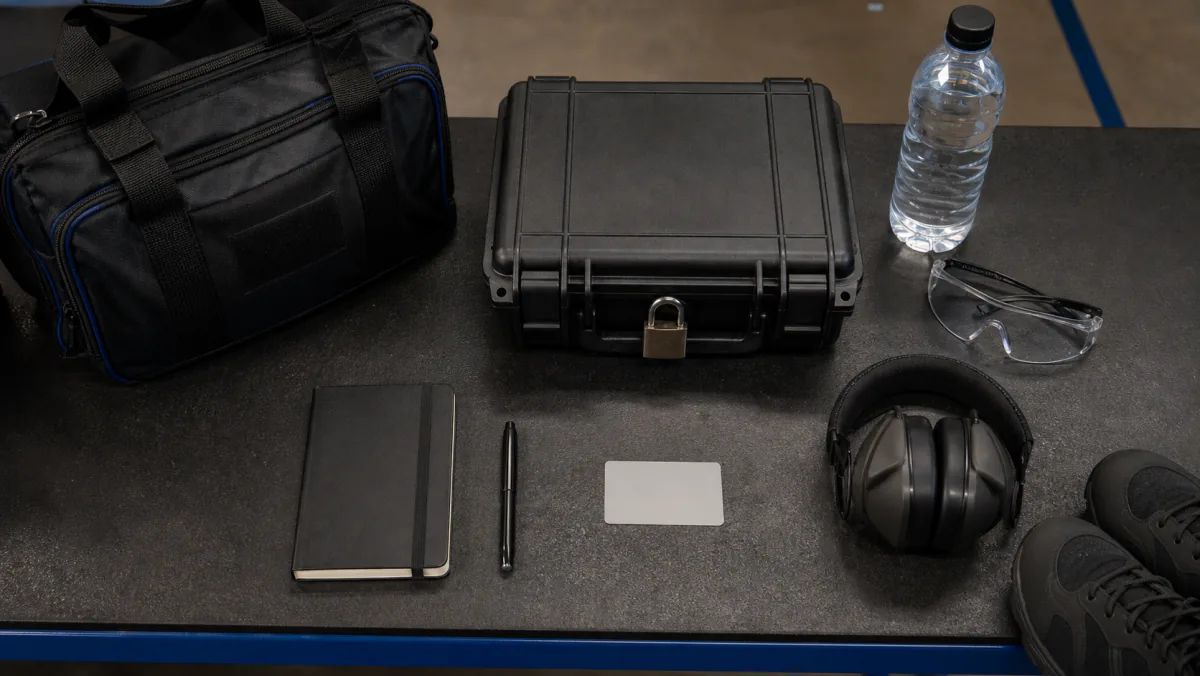 Organized Michigan CPL class-day equipment including a locked pistol case, hearing protection, safety glasses, notebook, and water