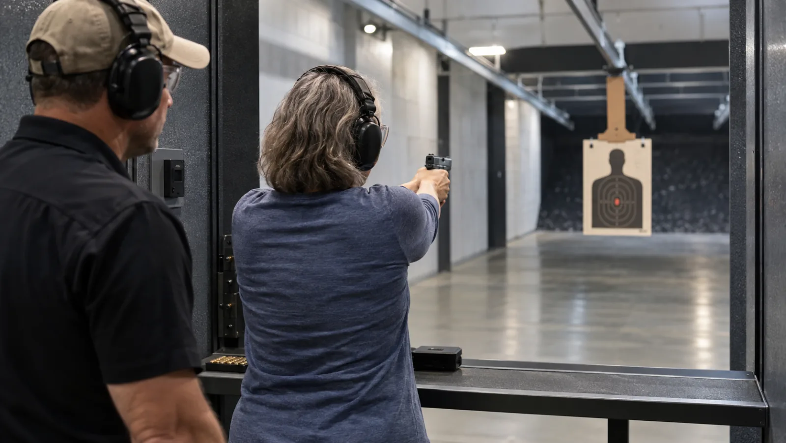 Michigan CPL holder refreshing pistol fundamentals with an instructor at an indoor range