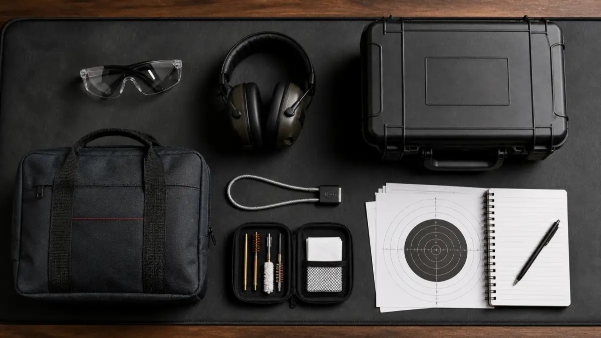 Practical new gun owner accessories including eye and ear protection, locking case, range bag, and cleaning kit