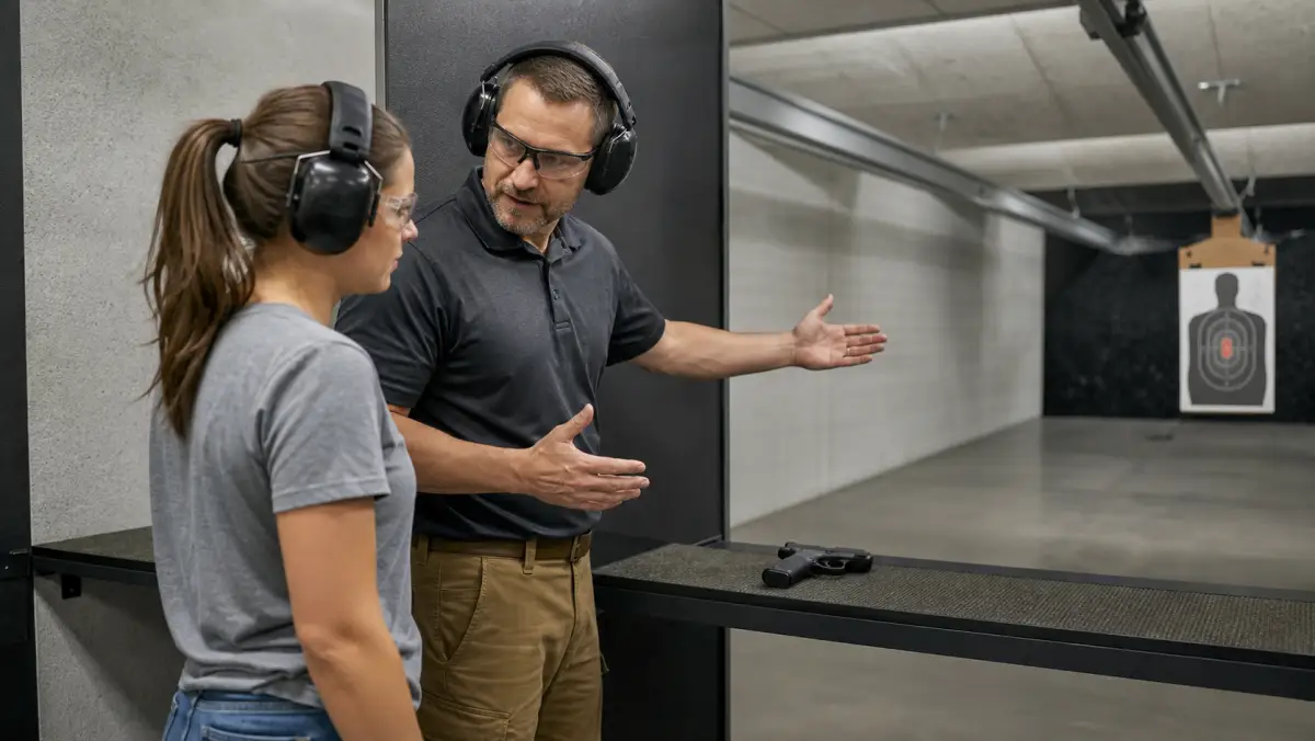 Instructor calmly explaining how to correct common new shooter mistakes at a Michigan indoor range