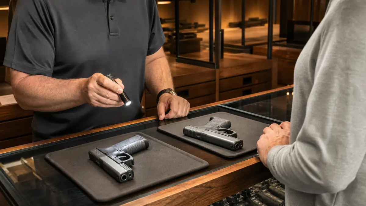Range staff comparing new vs used firearms with a customer at a Michigan retail counter