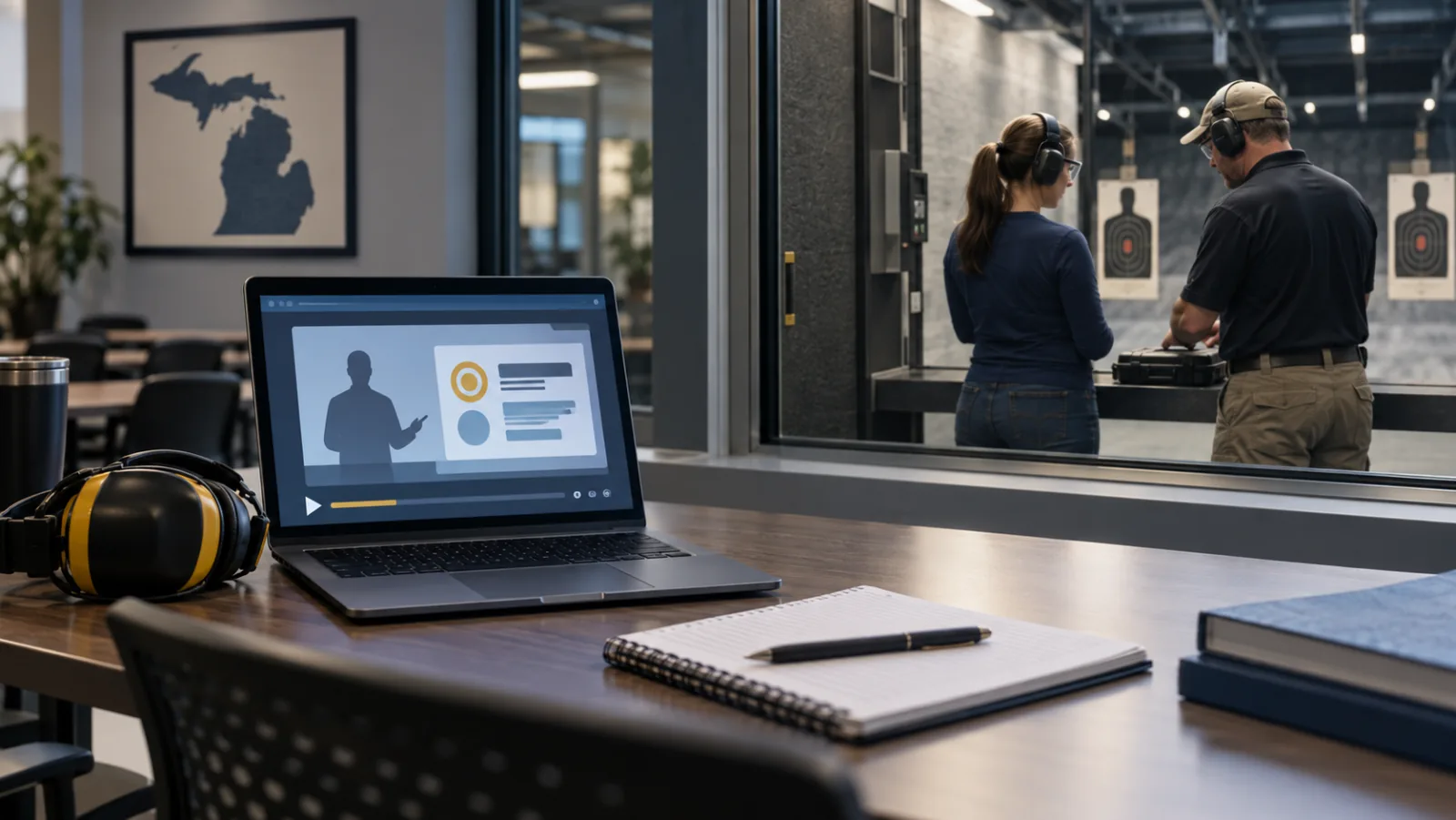 Laptop lesson beside a supervised indoor range illustrating online and live-fire Michigan CPL training