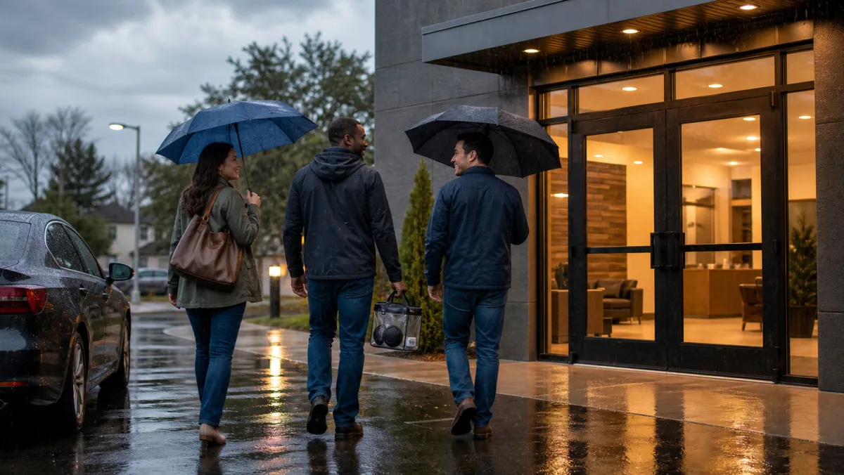 Friends arriving at a Metro Detroit indoor shooting range on a rainy day
