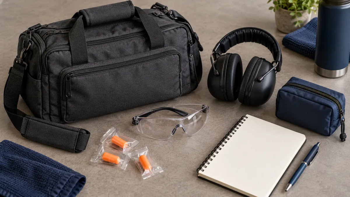 Range bag, protective glasses, earmuffs, packaged earplugs, notebook, and pen neatly arranged on a table