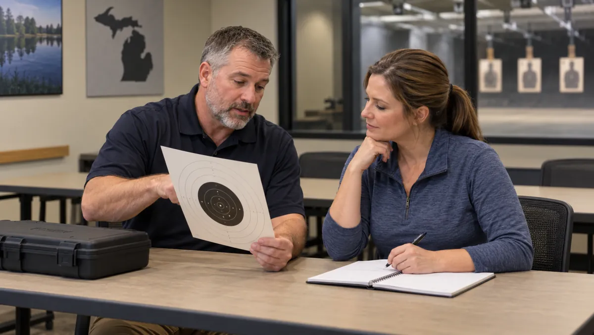 Returning range visitor reviewing a paper target and notebook with an instructor in a quiet classroom