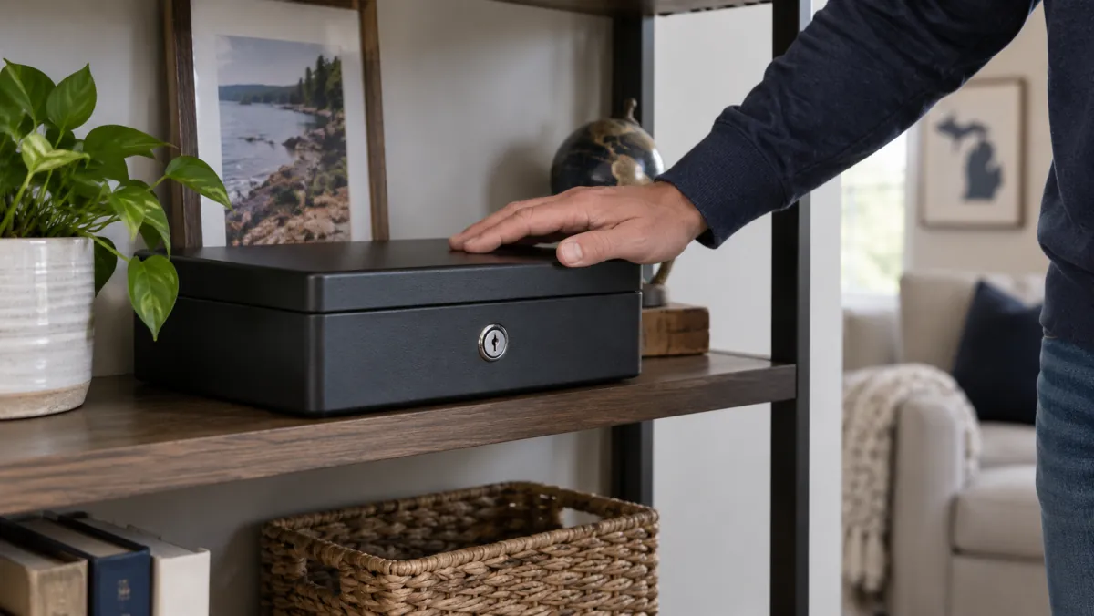 Adult checking the closed lid of a steel firearm lockbox on a sturdy household shelf