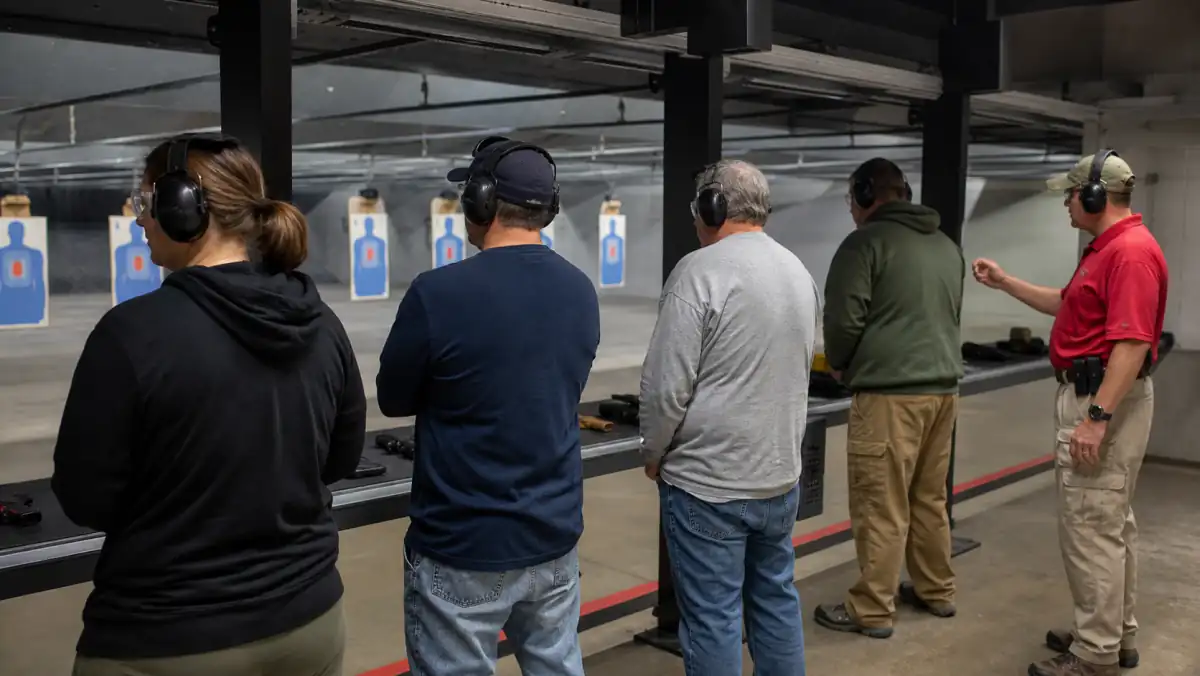 Michigan visitors following shooting range etiquette behind the firing line