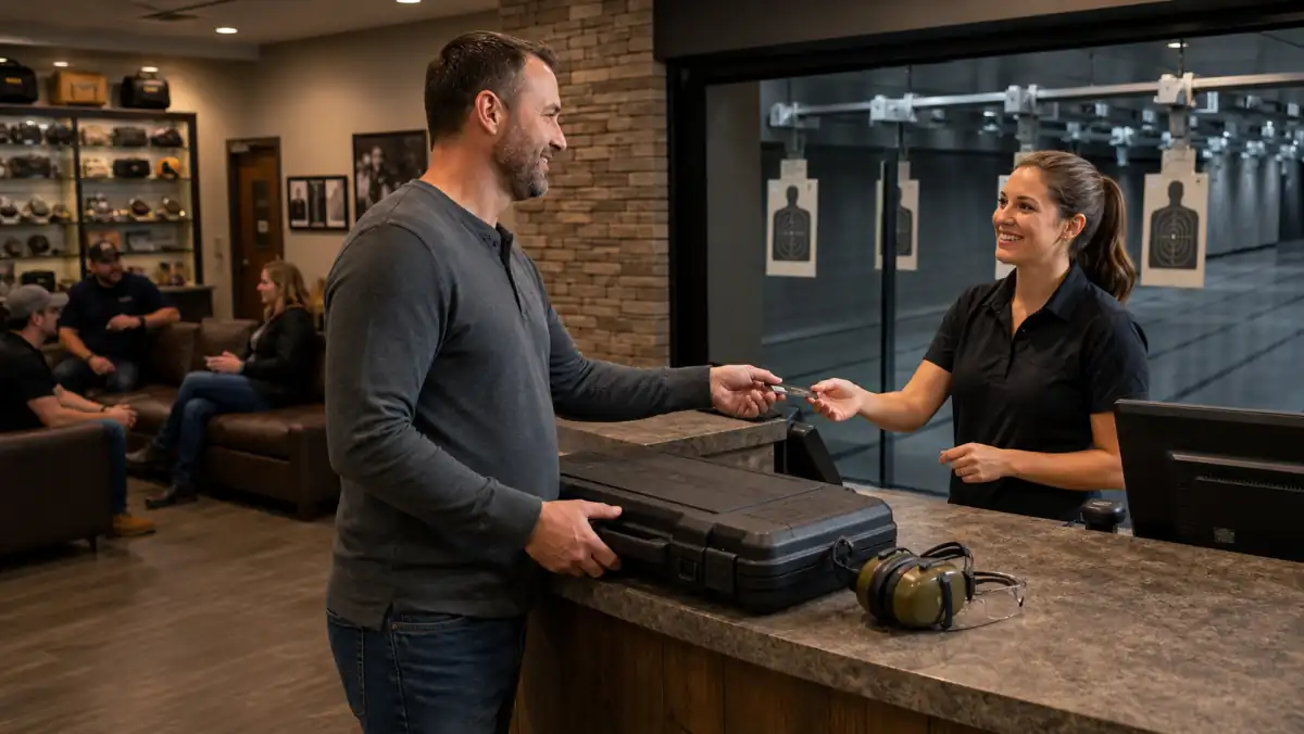 Shooting range membership Michigan member checking in at the front desk