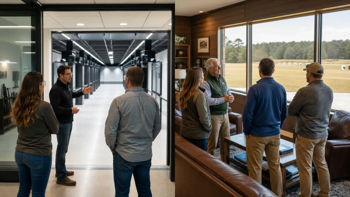 Side-by-side comparison of a modern indoor shooting range and a traditional gun club in Michigan