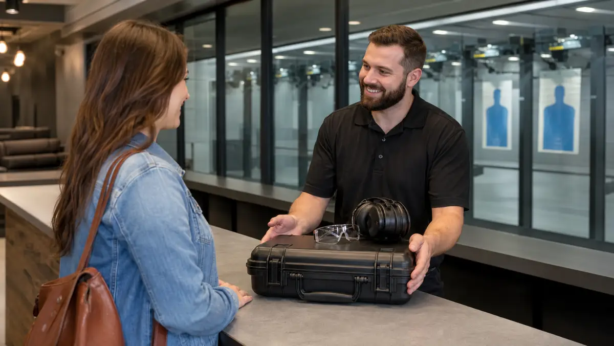 First-time visitor receiving rental gear at a Michigan shooting range without owning a gun
