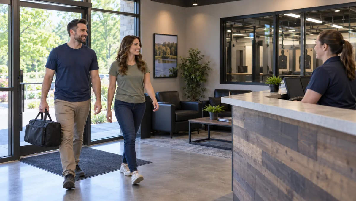 Adults in summer clothing and closed-toe shoes arriving at an indoor range lobby with green trees outside