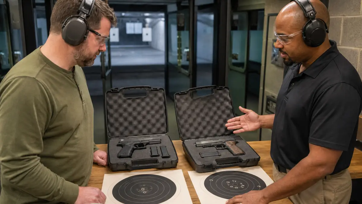 Metro Detroit range staff reviewing rental options and targets with a customer before buying a firearm
