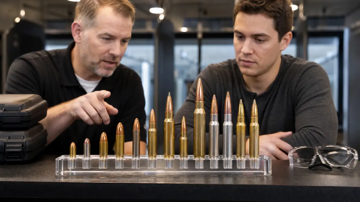 Metro Detroit beginner understanding firearm calibers with a secured educational cartridge display