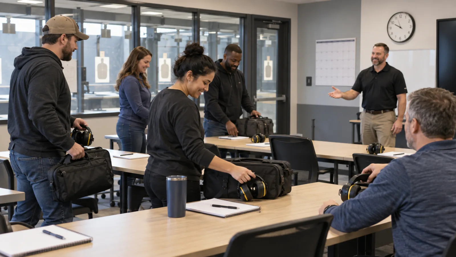 Adult students arriving with closed range bags for a weekend CPL class near Detroit