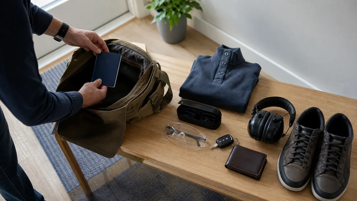Canadian traveler packing ordinary documents and safety gear for a U.S. indoor range visit